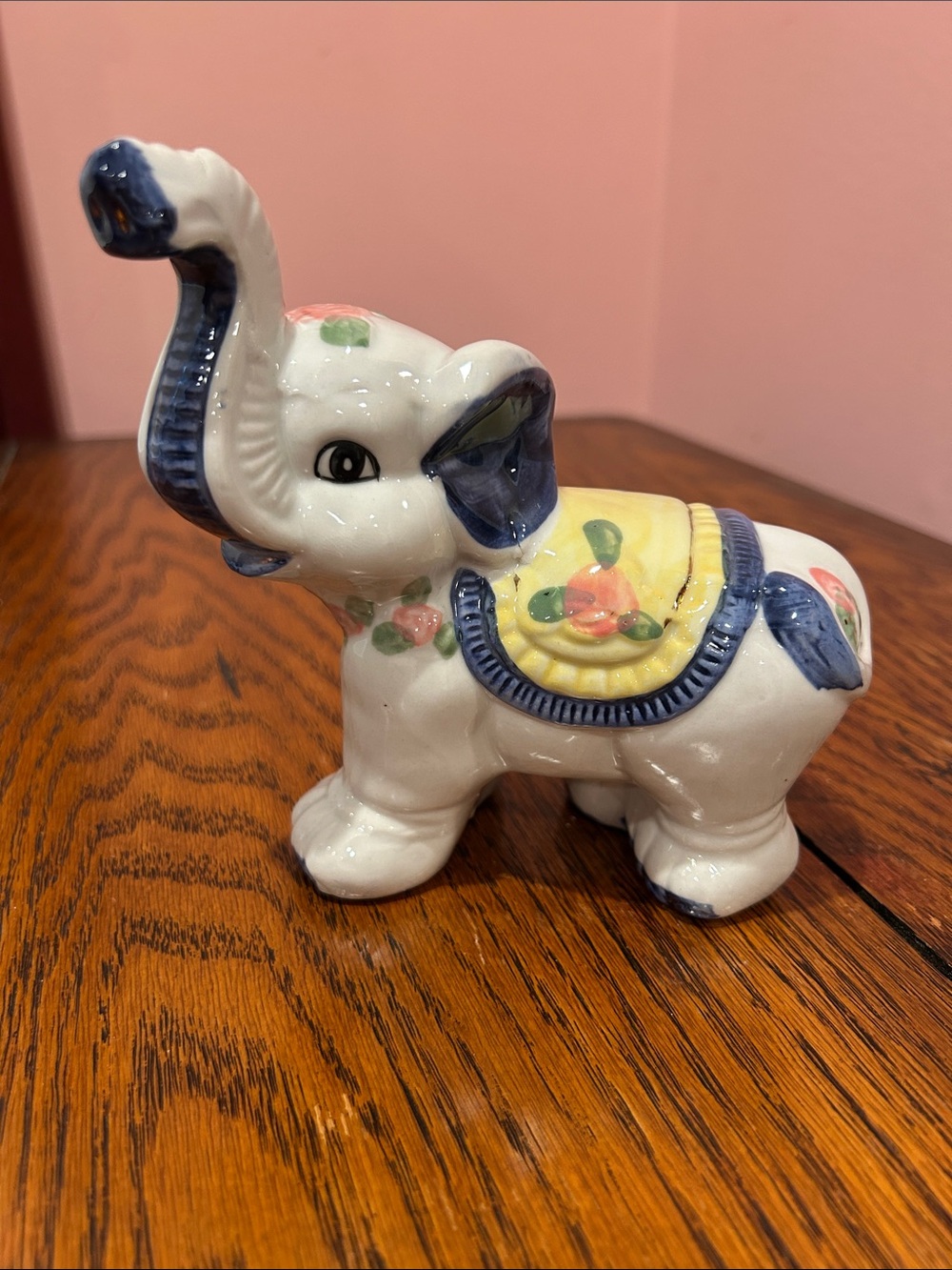 Ceramic Elephant Figurine in White, Blue & Yellow